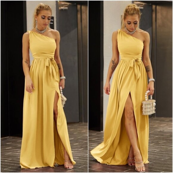 Luxe One Shoulder Belted Split Thigh Party Evening Wedding Dress - Picture 1 of 3
